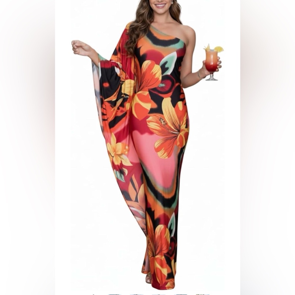 Tropical One-Shoulder Maxi Dress | Size L | Bold Floral Resort Style